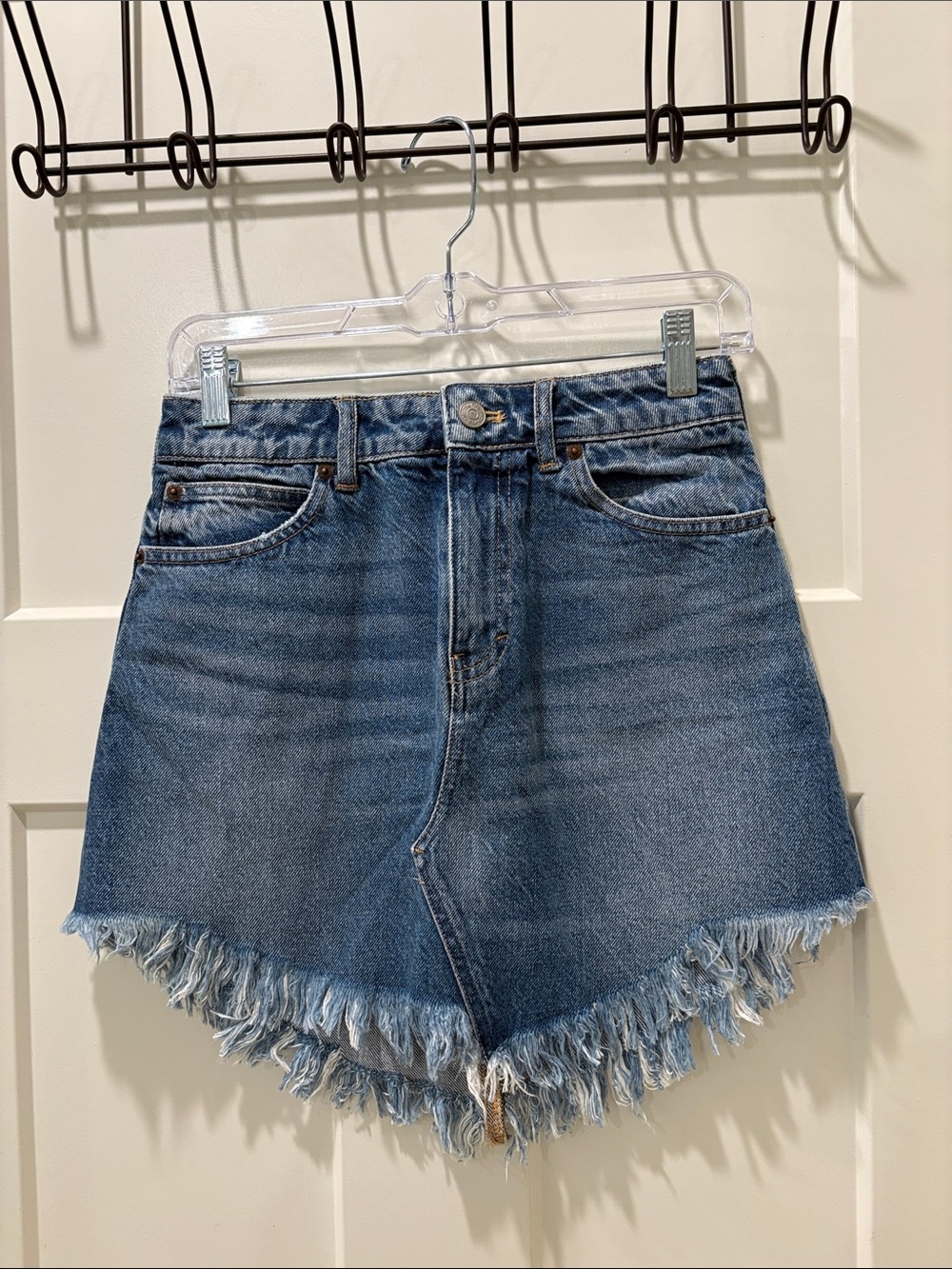 Free People Blue High-Waist Frayed V-Hem Denim Shorts